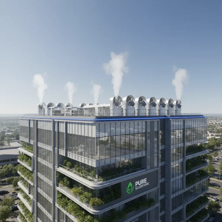 Modern commercial building with advanced ventilation systems for energy savings