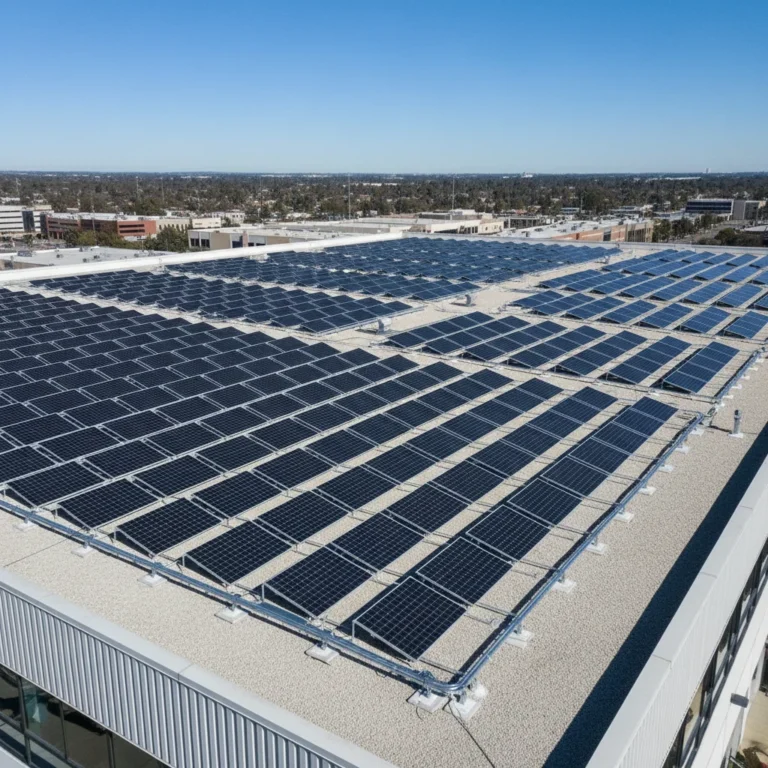 Modern solar panels on a commercial rooftop with advanced mounting systems