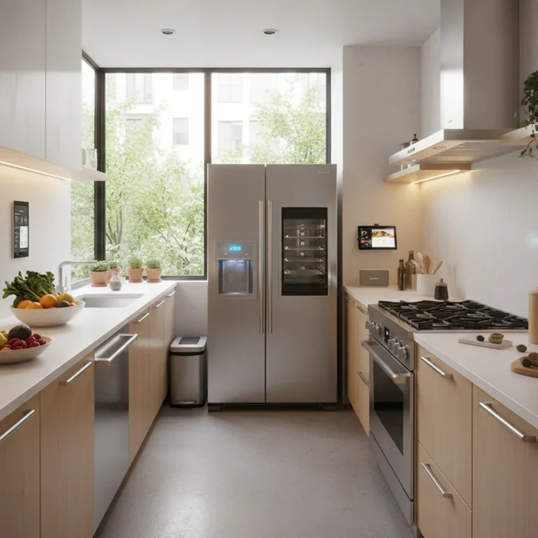 Modern U.S. kitchen with sleek, energy-efficient appliances and natural light.