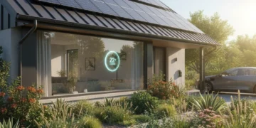 Modern home with solar panels and smart thermostat for energy efficiency