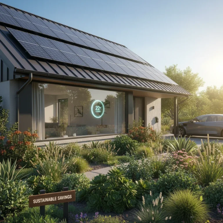 Modern home with solar panels and smart thermostat for energy efficiency