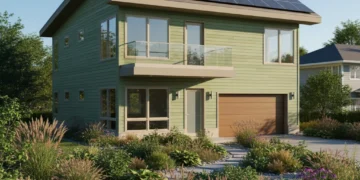 Modern green home with solar panels and native landscaping in the U.S.