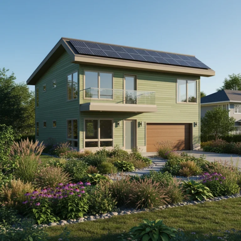 Modern green home with solar panels and native landscaping in the U.S.