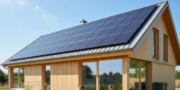 Modern home with rooftop solar panels under a clear sky, symbolizing sustainable energy.