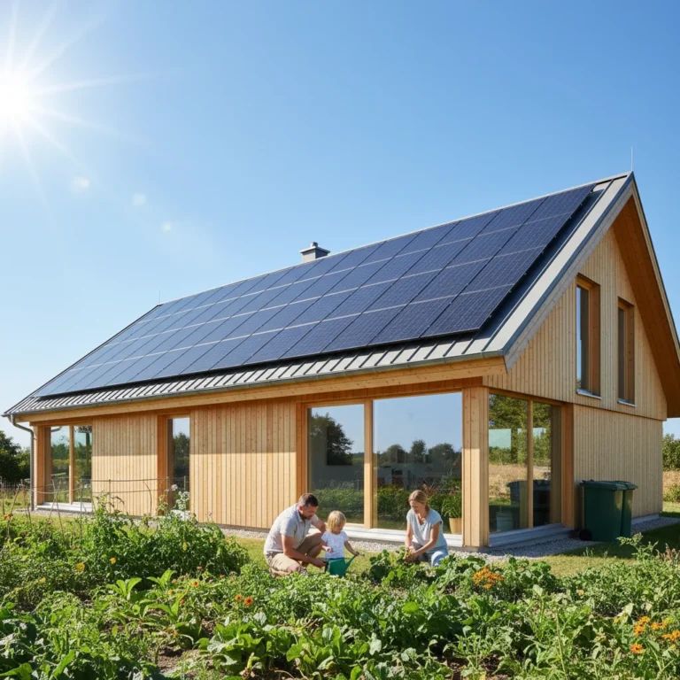 Modern home with rooftop solar panels under a clear sky, symbolizing sustainable energy.
