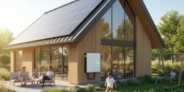Modern home with solar panels and battery storage, symbolizing energy independence.