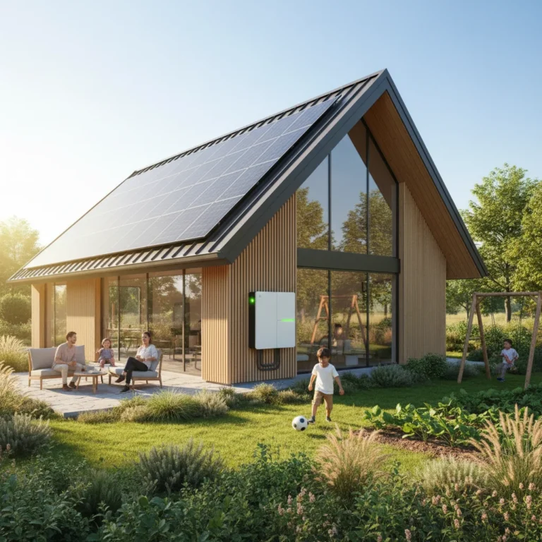 Modern home with solar panels and battery storage, symbolizing energy independence.