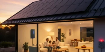 Modern home with solar panels and integrated battery storage system