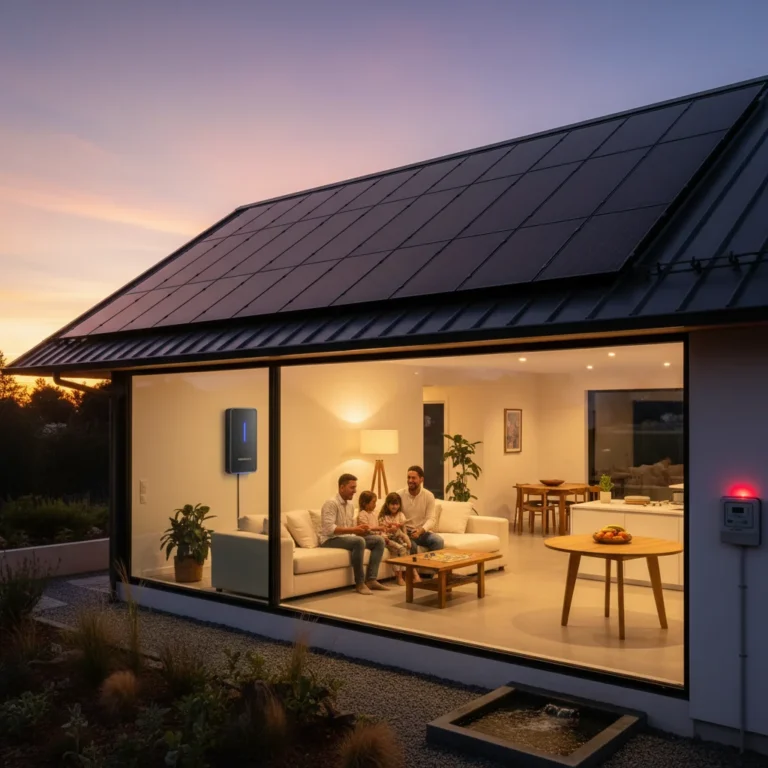 Modern home with solar panels and integrated battery storage system