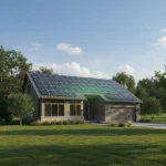 Residential Solar Impact: Carbon Footprint Reduction by 2026 Modern home with solar panels on roof, sunny day, green environment