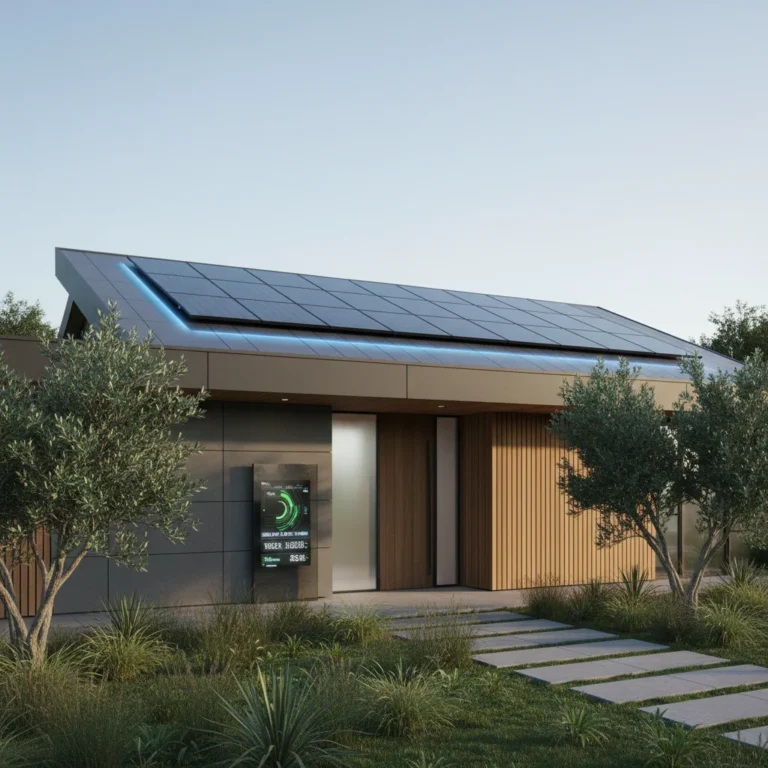 Modern home with integrated solar panels and smart energy display, symbolizing residential solar upgrades.