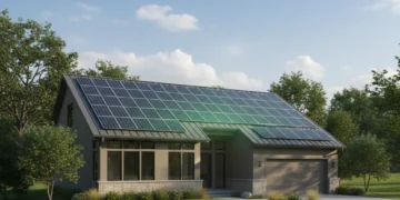 Residential Solar Impact: Carbon Footprint Reduction by 2026 Modern home with solar panels on roof, sunny day, green environment