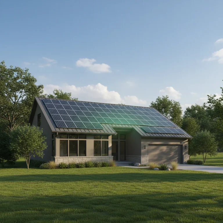 Modern home with solar panels on roof, sunny day, green environment