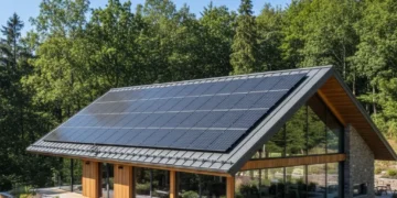 Modern home with solar panels, bright sun, green trees, symbolizing energy independence.