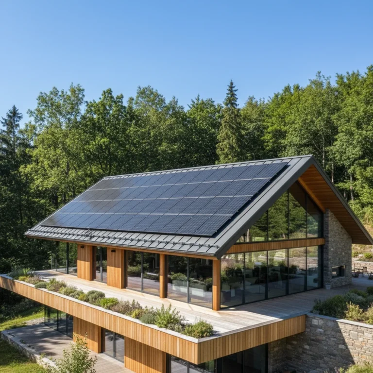 Modern home with solar panels, bright sun, green trees, symbolizing energy independence.