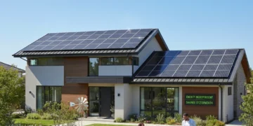 Modern home with solar panels on roof, bright sun, family in garden, symbolizing solar savings.