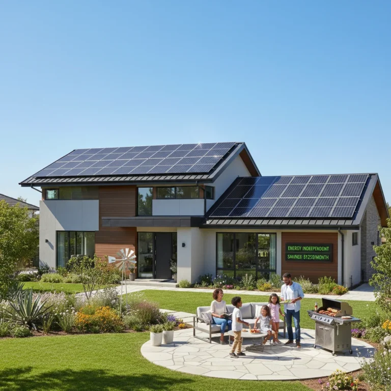 Modern home with solar panels on roof, bright sun, family in garden, symbolizing solar savings.