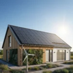 Modern home with sleek solar panels on roof under blue sky, symbolizing sustainable energy