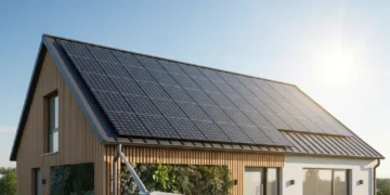 Modern home with sleek solar panels on roof under blue sky, symbolizing sustainable energy