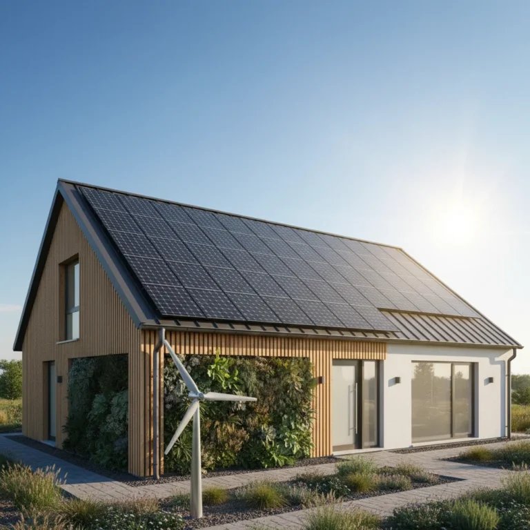 Modern home with sleek solar panels on roof under blue sky, symbolizing sustainable energy