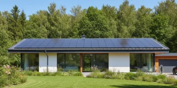 Modern suburban home with rooftop solar panels under a clear blue sky, symbolizing sustainable energy and increased property value.