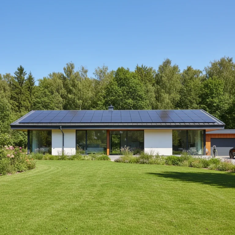 Modern suburban home with rooftop solar panels under a clear blue sky, symbolizing sustainable energy and increased property value.