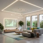 LED Lighting Revolution: 75% Energy Savings by 2026 Modern living room illuminated by energy-efficient LED lights, showcasing energy savings.