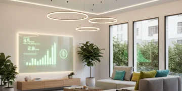 Modern living room illuminated by energy-efficient LED lights, showcasing energy savings.