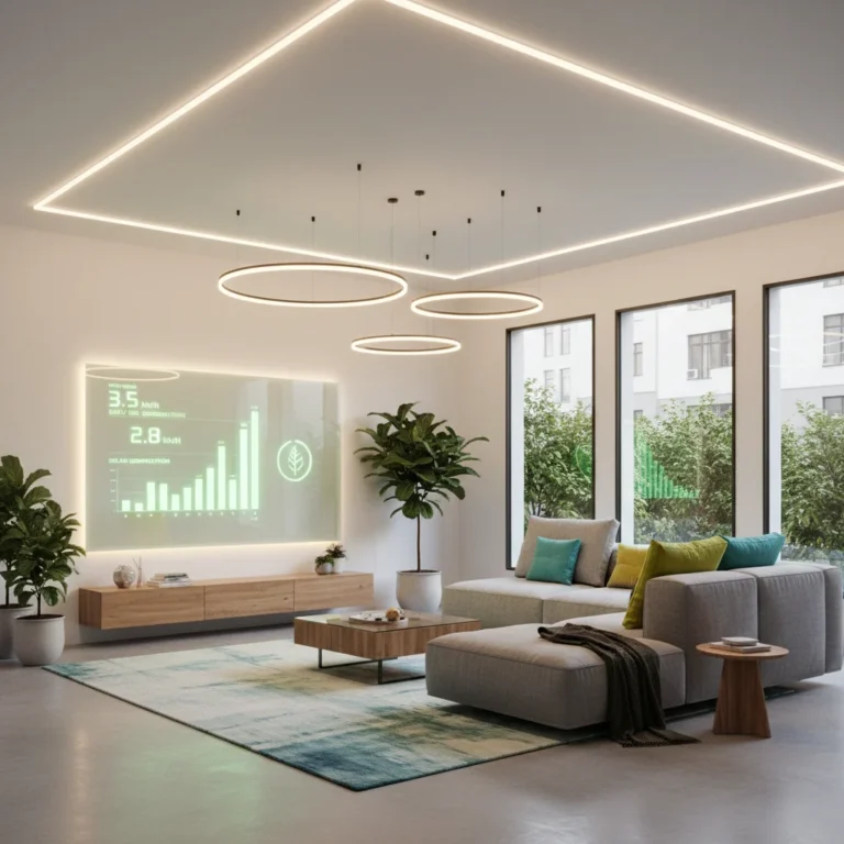 Modern living room illuminated by energy-efficient LED lights, showcasing energy savings.