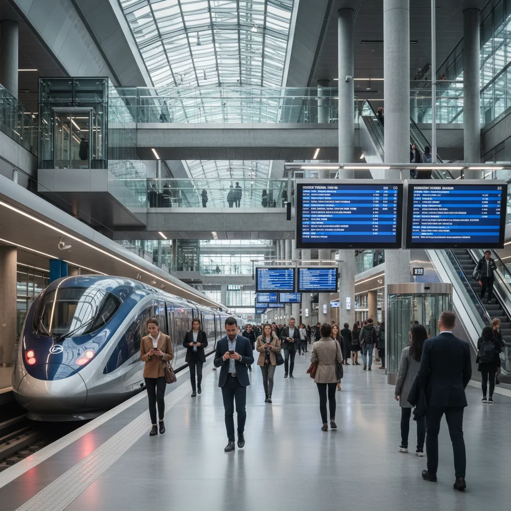 Modern public transit hub with a train arriving and diverse commuters waiting, emphasizing efficient urban mobility.