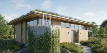 Modern sustainable home with rainwater harvesting system