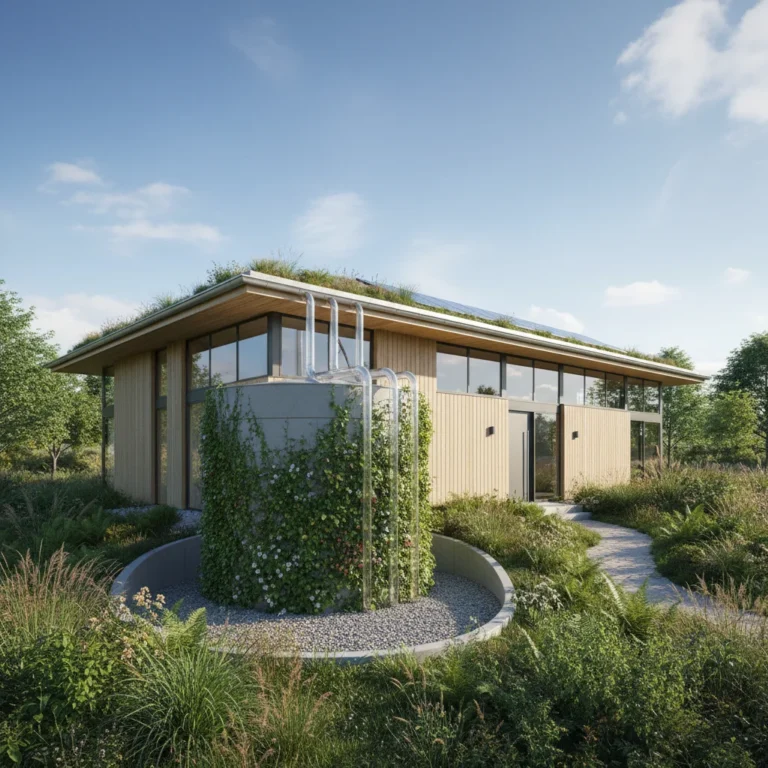 Modern sustainable home with rainwater harvesting system