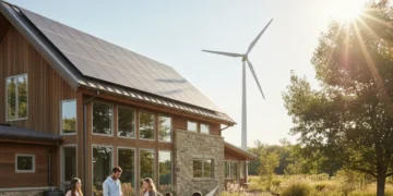 Modern U.S. home with solar panels and wind turbine, representing renewable energy upgrades.