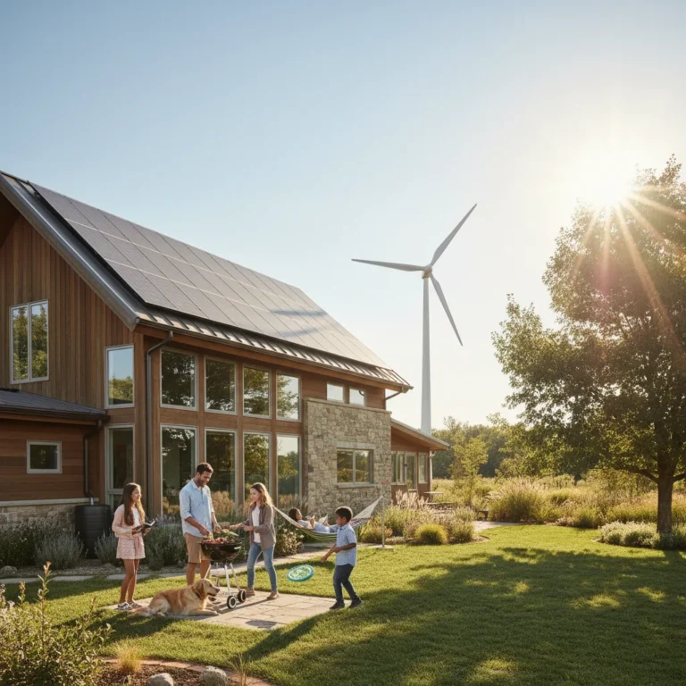 Modern U.S. home with solar panels and wind turbine, representing renewable energy upgrades.