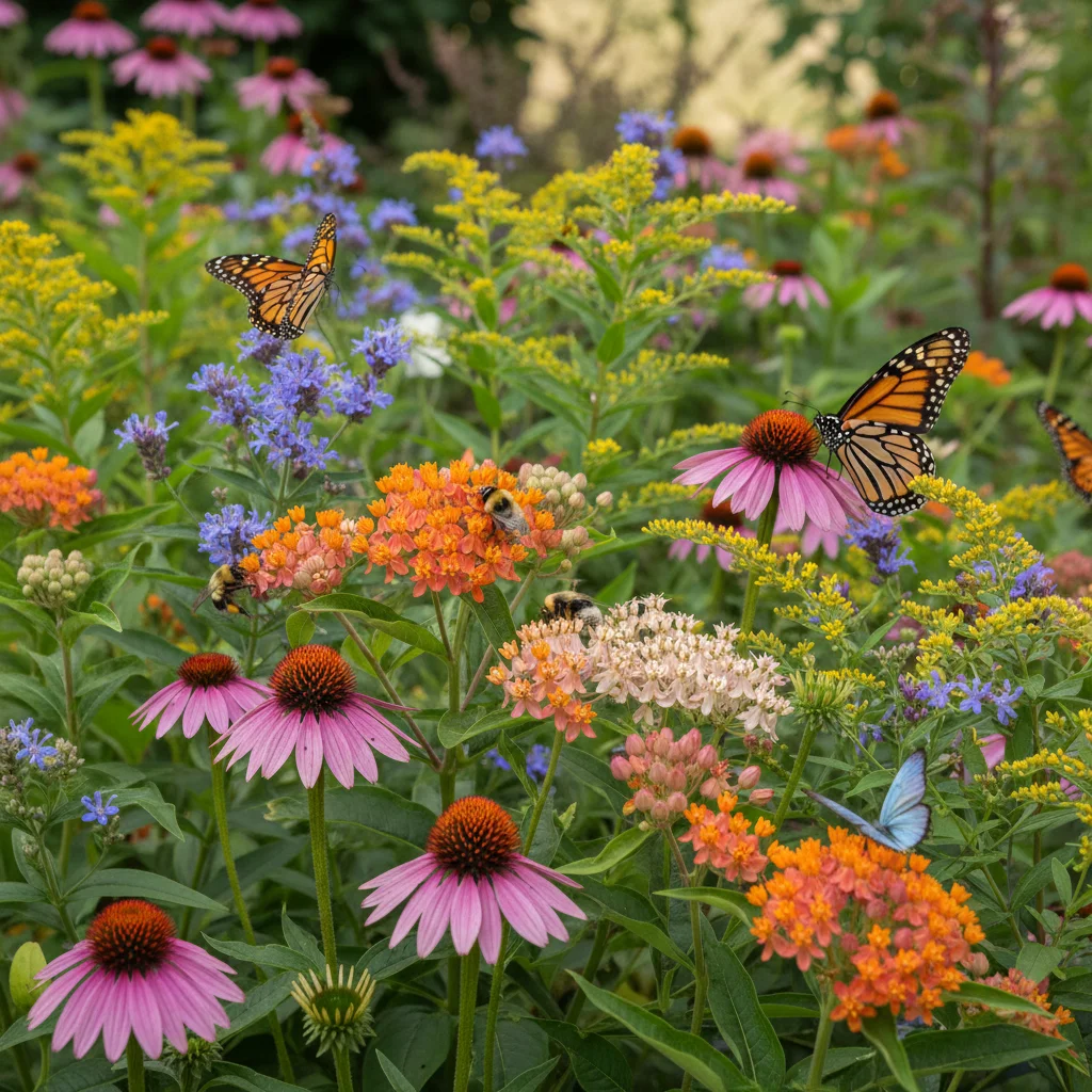 Native pollinator garden with coneflowers and milkweed attracting bees and butterflies