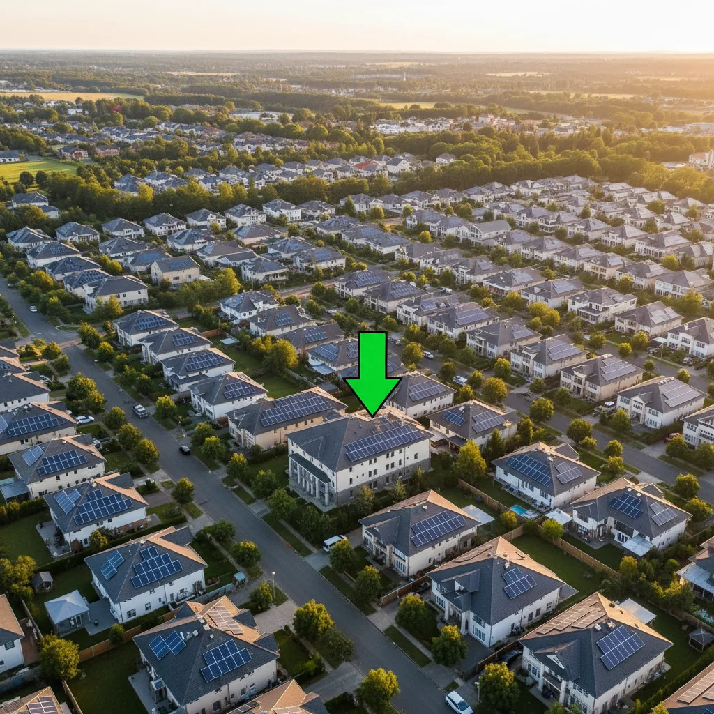 Aerial view of a neighborhood showcasing multiple homes with solar panel installations