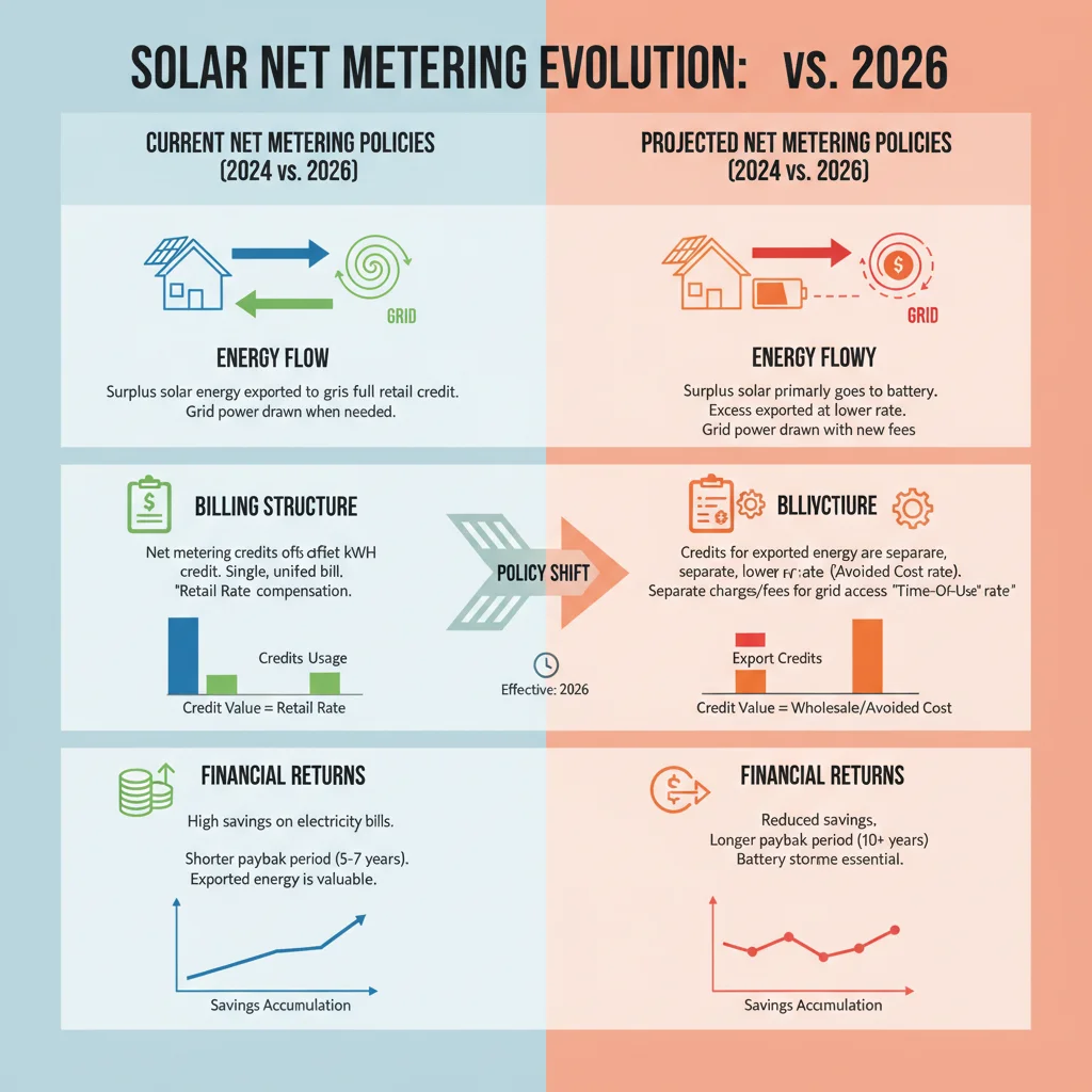 Infographic comparing current net metering with projected 2026 net metering policies.