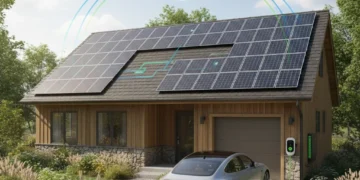 Modern American net-zero home with solar panels and EV charging