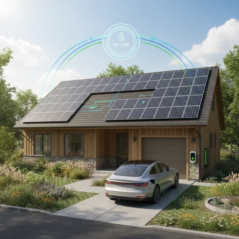 Modern American net-zero home with solar panels and EV charging