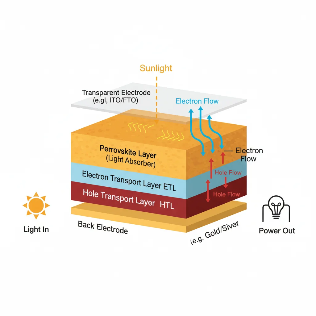 Detailed diagram of a perovskite solar cell structure, highlighting its layers and function.