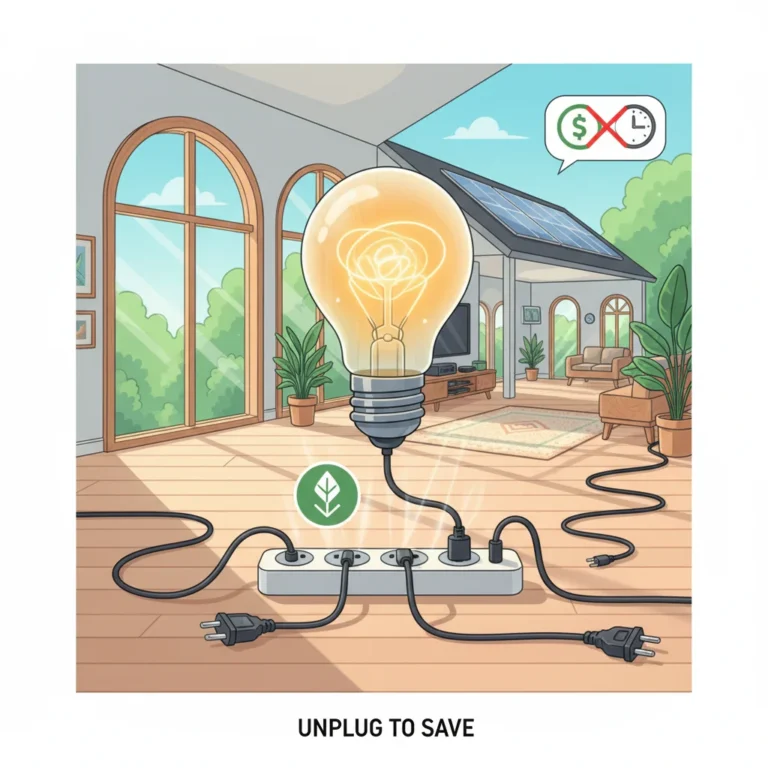 Illustration of power strip with unplugged cords, symbolizing phantom load energy waste.