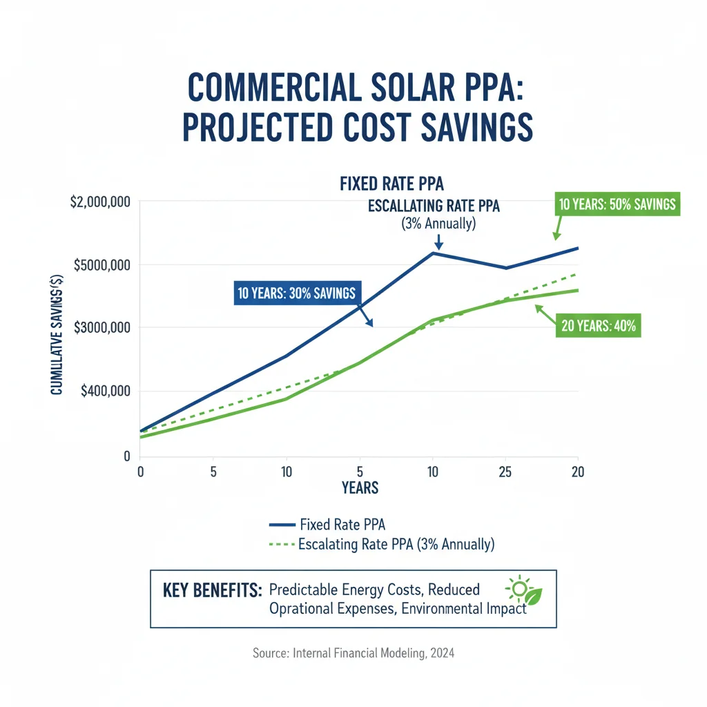 Infographic showing projected cost savings of fixed vs. escalating PPA rates over time.