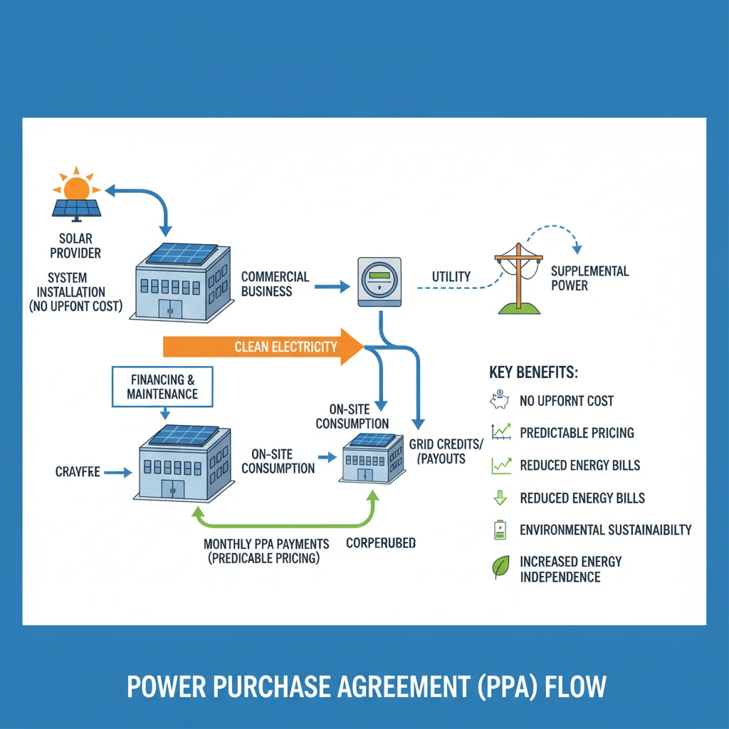 Infographic showing the structure and benefits of a commercial solar Power Purchase Agreement.