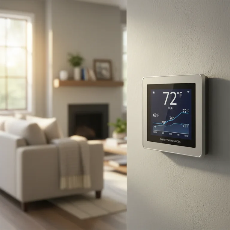 Modern programmable thermostat showing energy-saving schedule
