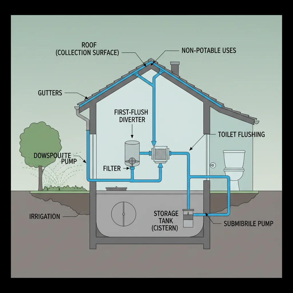 Diagram of a residential rainwater harvesting system components