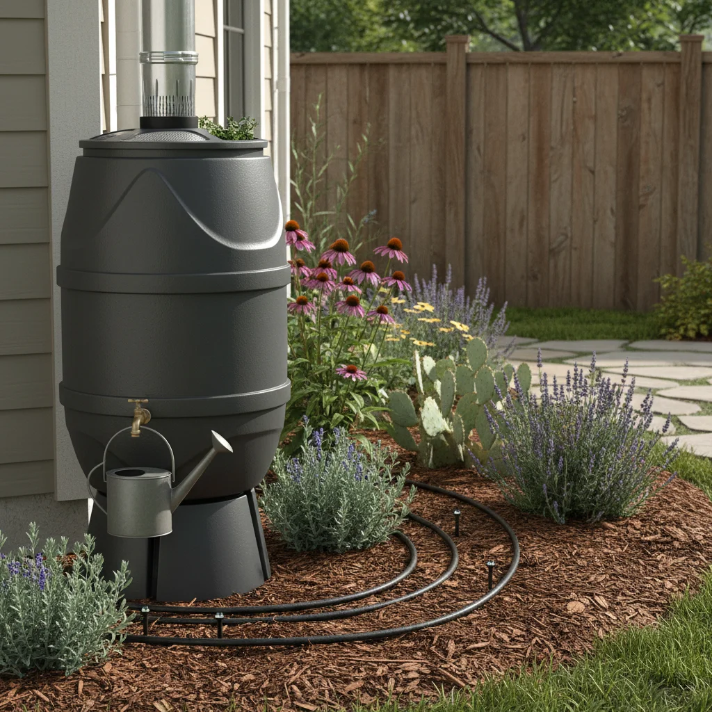 Rainwater harvesting system with a modern rain barrel and drought-tolerant plants