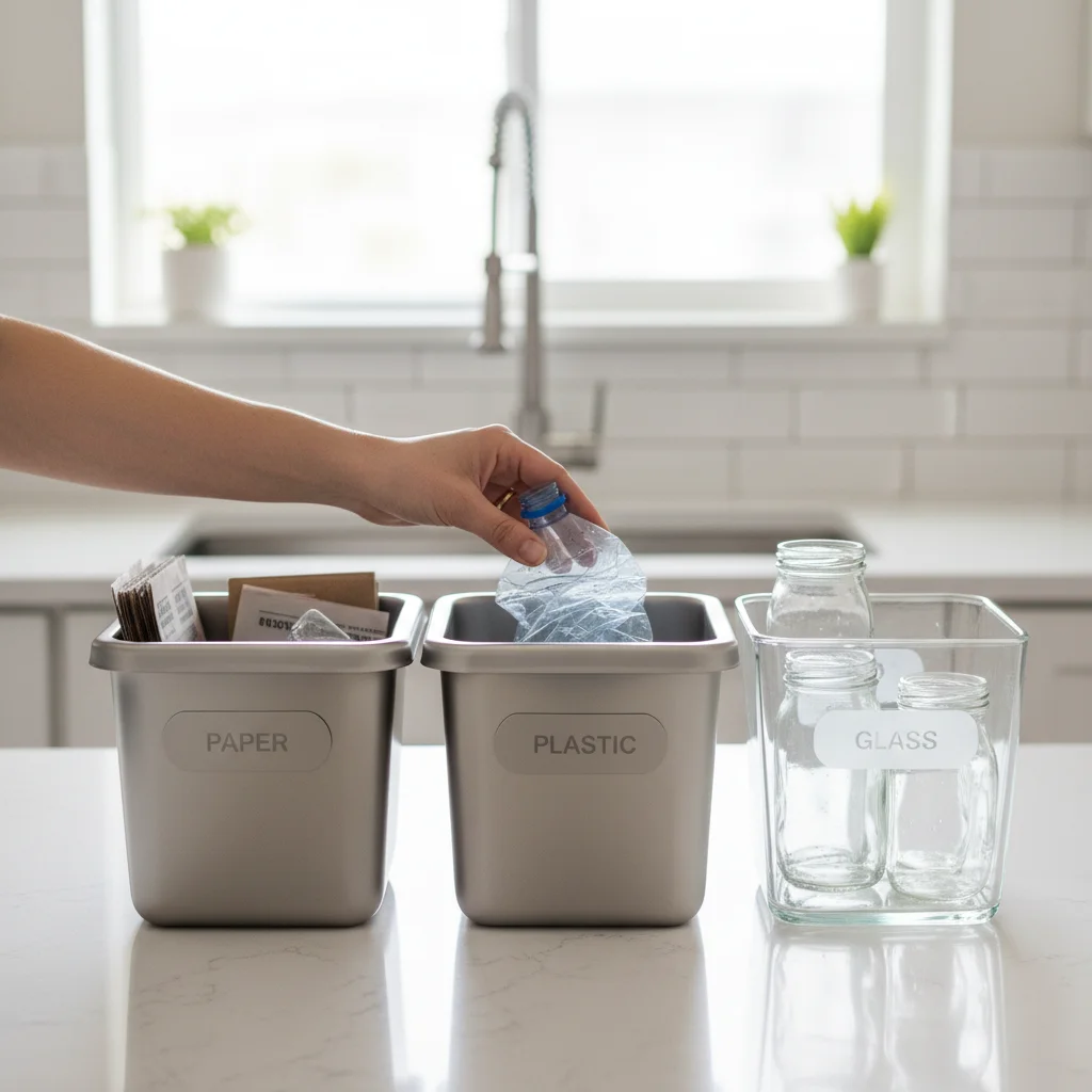 Hand sorting recyclable materials into labeled bins in a U.S. kitchen.
