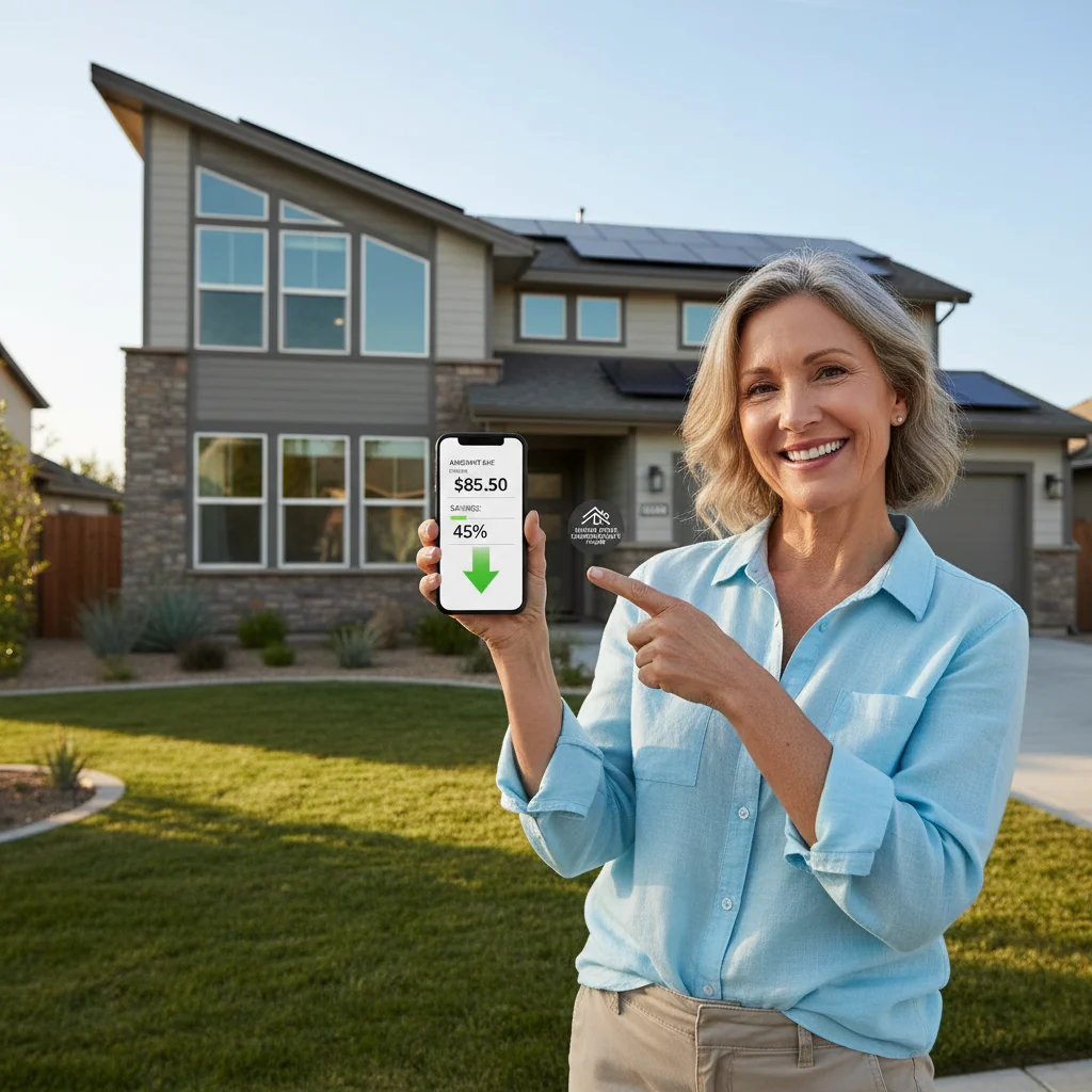 Happy homeowner reviewing reduced utility bill after energy efficiency upgrades