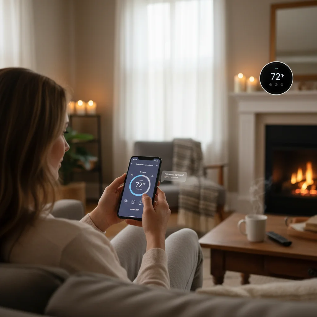 Person controlling smart thermostat remotely via a mobile application.