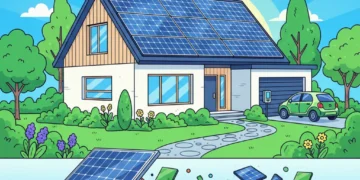 Residential Solar Panel Recycling 2026: The Homeowner's Guide Modern home with solar panels and recycling symbols, representing residential solar panel recycling in 2026.